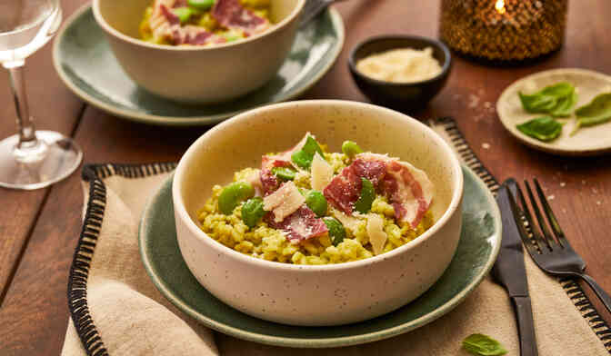 Risotto au pesto de fèves et pecorino